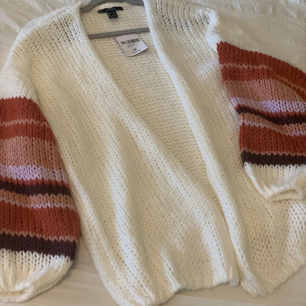 Cream Cardigan with Stripe Detailed Sleeve